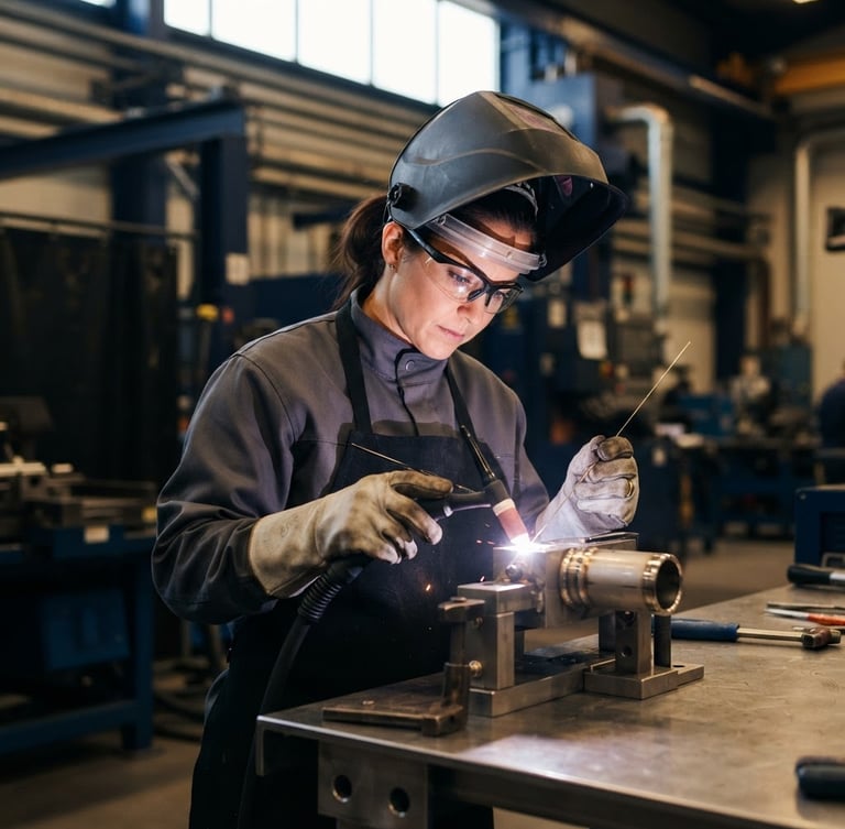 Medium environmental portrait of a focused technical welder in clean safety gear, bright natural industrial lighting, deep navy background tones, sharp focus, 35mm