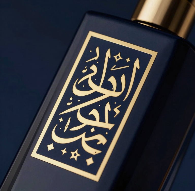 Macro close-up of a luxury perfume bottle packaging mockup with embossed gold foil Arabic calligraphy, dramatic low-key studio lighting with sharp golden highlights, deep navy background