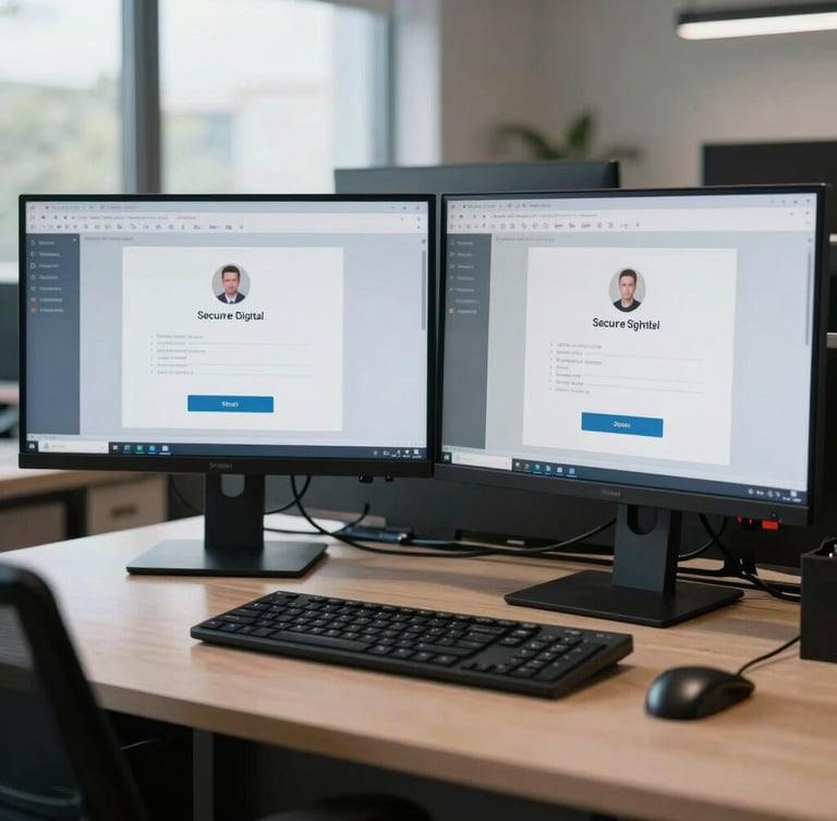 Straight-on architectural shot of a dual-monitor office desk displaying secure digital signing software, cool clean natural light.