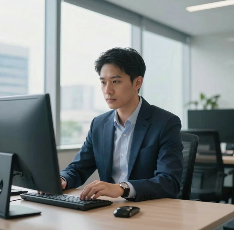 Environmental portrait of a focused professional in a modern Singapore office, soft window daylight, cool slate tones, 35mm lens