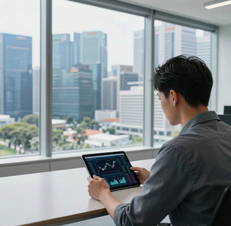 Over-the-shoulder view of a professional analyzing market data on a tablet in a sunlit Singapore office, architectural business hub skyline visible through clean floor-to-ceiling windows, cool slate tones.