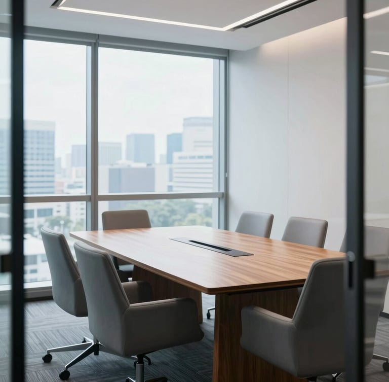A bright, modern corporate boardroom in Singapore, soft window light illuminating a polished wooden table and minimalist slate-colored chairs, professional environmental framing, 35mm lens.
