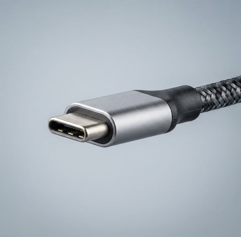Macro close-up of a premium braided USB-C cable connector with metallic zinc-alloy housing, bright high-key studio lighting, cool gray backdrop, sharp focus