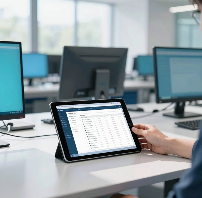 Bright modern university computer lab, sunlit clean desks, sharp focus on a tablet displaying a clean administrative dashboard interface, 35mm