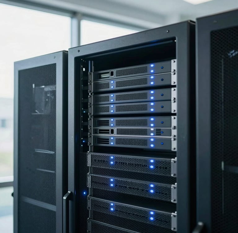 A clean, modern server rack with glowing soft blue indicator lights, sunlit from a high window, shallow depth of field, sharp focus, 35mm