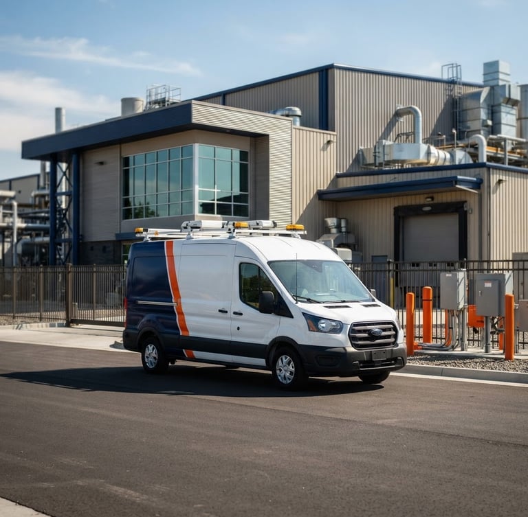 Branded Southeastern Facility Management service vehicle parked in front of a modern industrial plant, bright natural daylight, high-contrast sun and shadow, navy and orange tones, crisp details, 35mm lens.