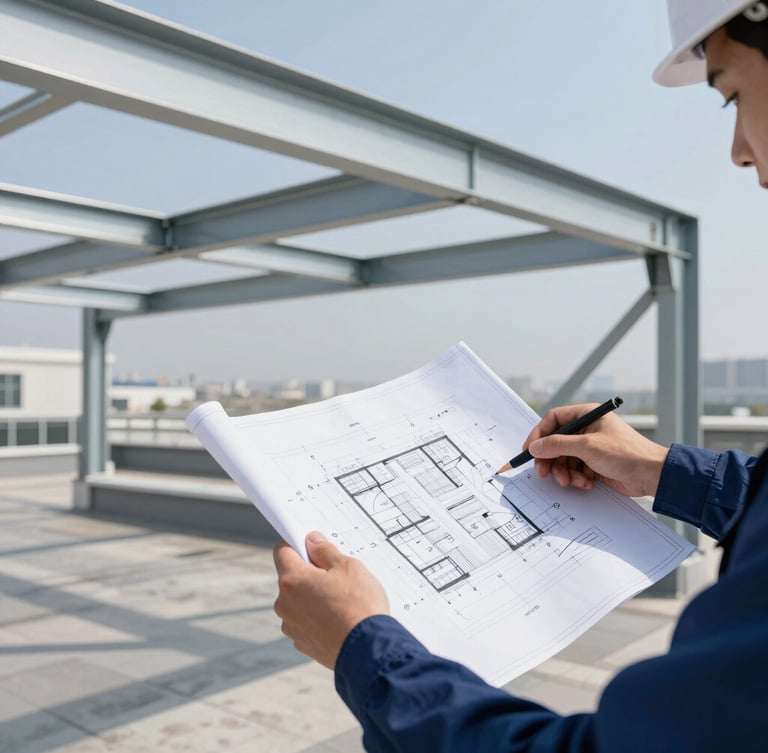 Crisp architectural photography, bright daylight, close-up of a technician reviewing structural blueprints on a commercial rooftop next to an engineered steel support frame, high contrast, 35mm lens.