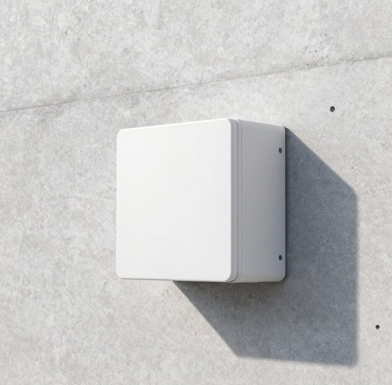 Low-profile white mini-split head mounted high on a minimalist concrete wall, bright daylight casting soft shadows, crisp architectural photography