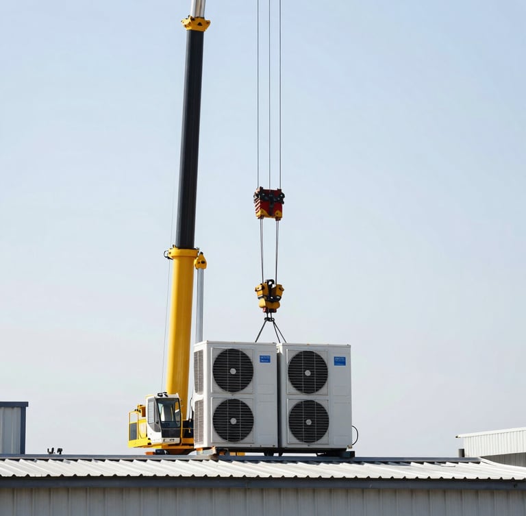 A mobile crane lifting a heavy industrial climate control unit onto a steel-reinforced roof curb, bright daylight, high contrast