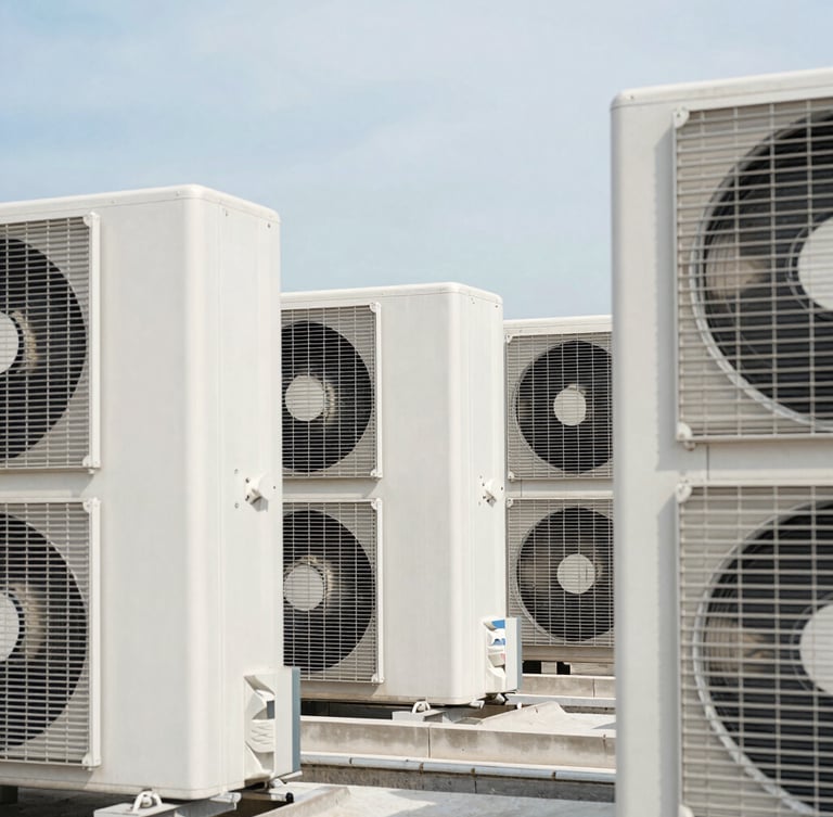 Crisp architectural photography of high-capacity rooftop HVAC condenser units framed against a bright daylight sky, clean industrial lines, high contrast, 35mm lens.