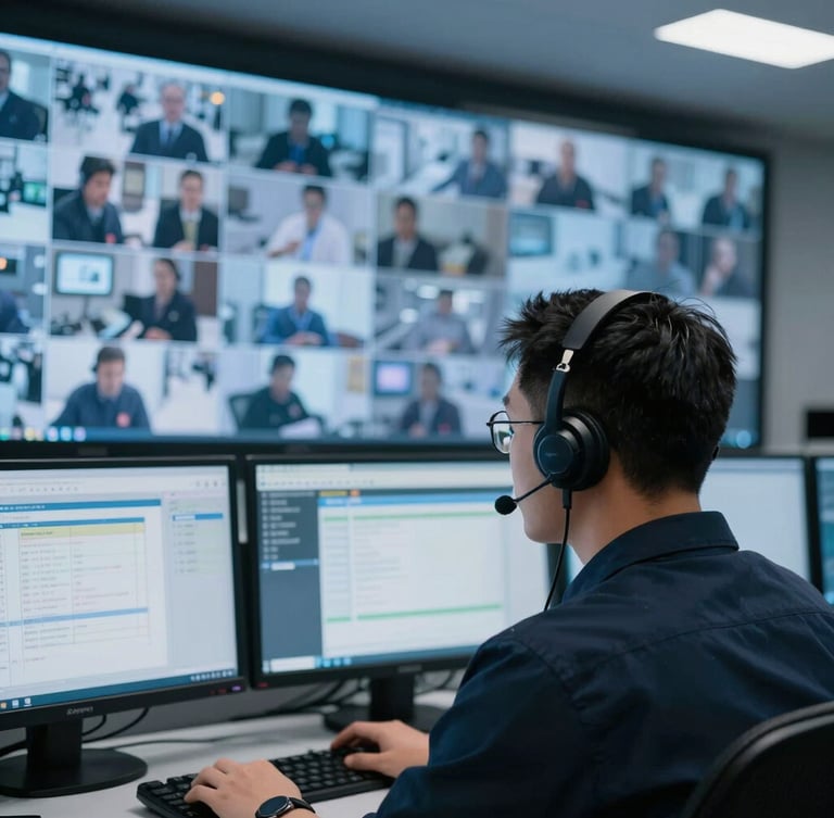 Close-up of a professional 24/7 security control room, multiple monitors showing real-time PC bang camera feeds, a focused operator wearing headsets in the foreground, cool blue ambient light.