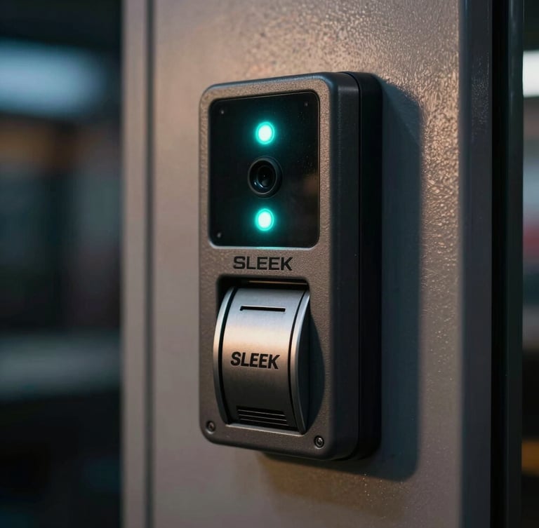 Sleek close-up of a physical access control terminal at a PC bang door, glowing cyan LED status indicator, sharp focus on the card reader, cool night lighting