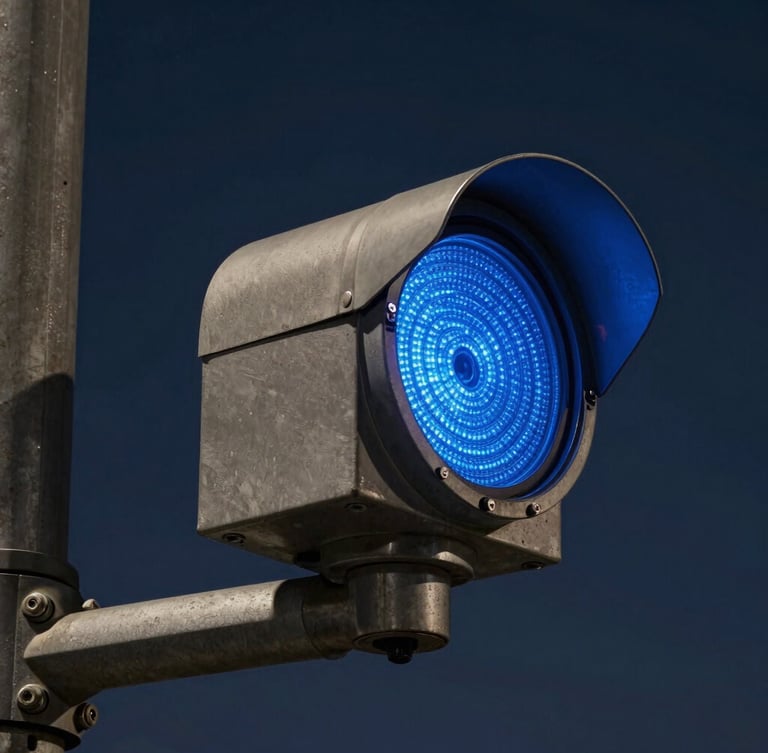 Extreme close-up of a ruggedized metallic traffic sensor mounted on a steel mast arm, cool blue LED indicator glowing under a dark sky.