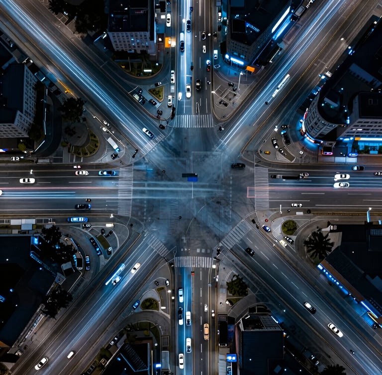 Top-down orthographic aerial view of a complex multi-lane urban intersection at night, sharp neon light trails of moving vehicles, cool blue street illumination, high contrast.