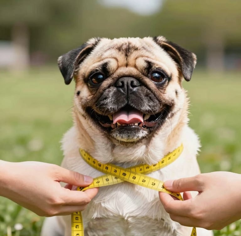 Vibrant pet photography, hands gently using a yellow measuring tape around the chest of a calm, happy pug, bright natural daylight, warm tones, shallow depth of field.