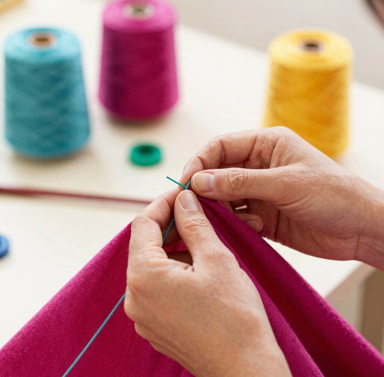 Hands of an artisan carefully stitching a colorful magenta fabric with teal threads in a bright, warm workshop in Celaya, soft focus on the needlework, warm daylight