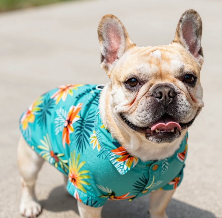 Vibrant pet photography of a happy French Bulldog wearing a colorful teal tropical shirt, bright natural daylight, looking directly at the camera, playful mood