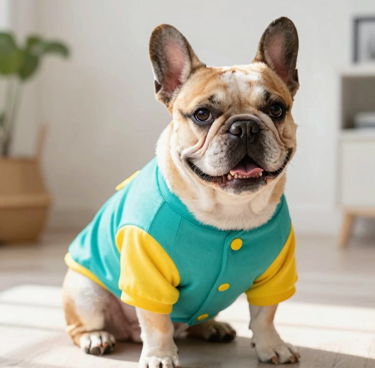 Vibrant pet photography, a cheerful French bulldog wearing a custom-tailored colorful teal and yellow shirt, sitting proudly in a bright room, natural daylight, warm tones, shallow depth of field.