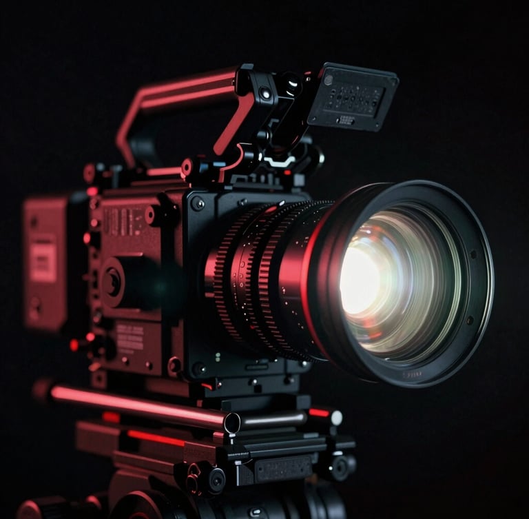 Extreme close-up of a professional cinema camera rig on a dark set, anamorphic lens flare, deep shadows with neon red accents, high contrast 35mm film grain