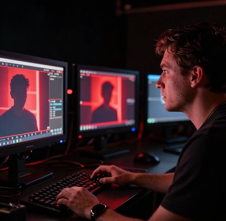Close-up of a director looking at cinematic monitors on a dark set, red neon glow reflecting on glass, anamorphic framing
