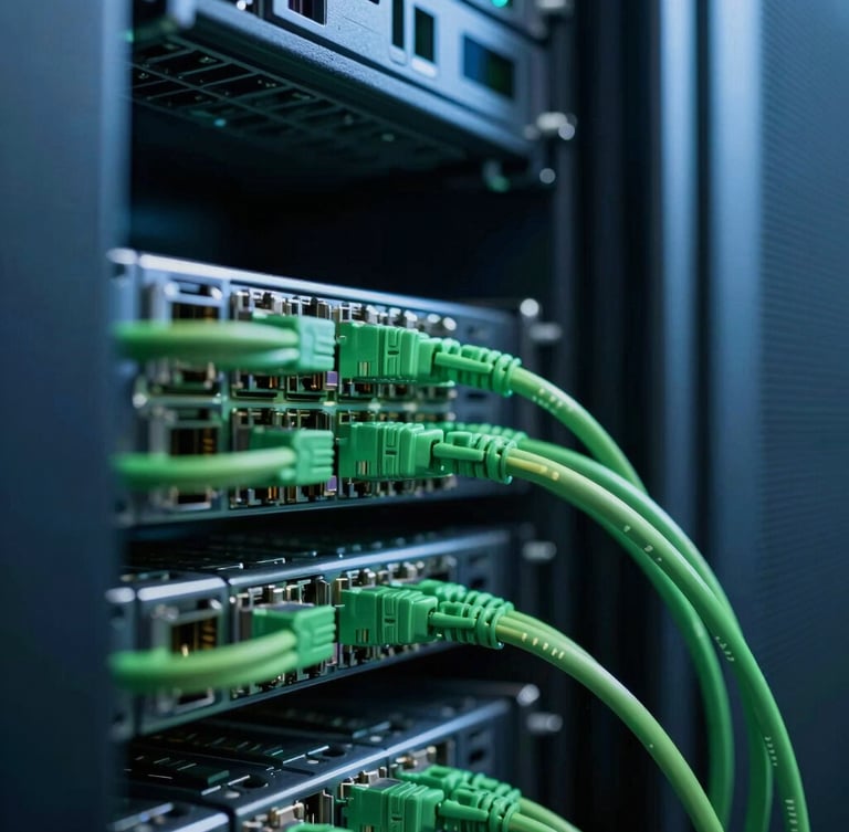 Sharp geometric lines of a modern corporate server room, cool blue and forest green lighting, macro focus on clean ethernet cabling, 35mm