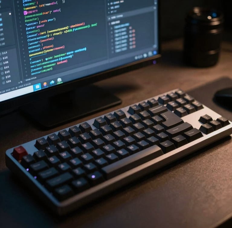 Moody close-up of a code editor on a mechanical keyboard, cool ambient screen glow, minimalist workspace, sharp focus, 35mm lens