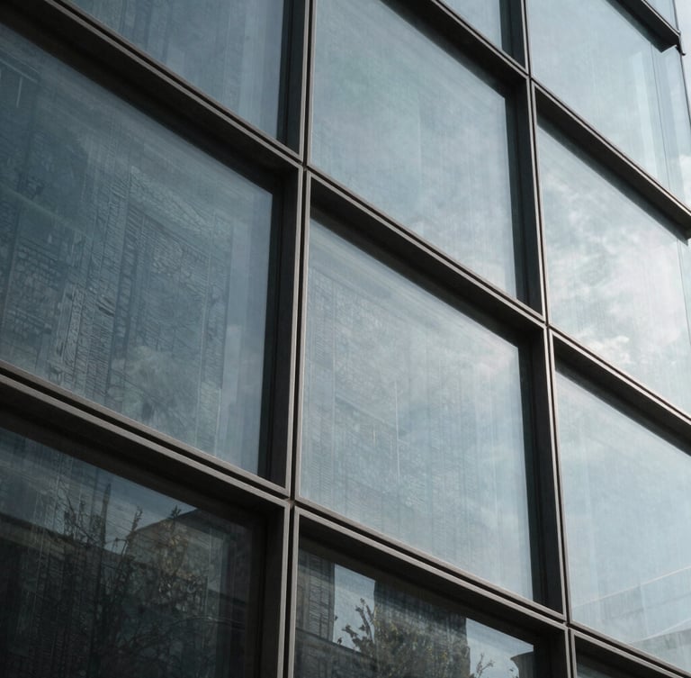 Tight abstract crop of architectural glass and steel angles, cool diffused daylight, sharp high-contrast shadows, 35mm
