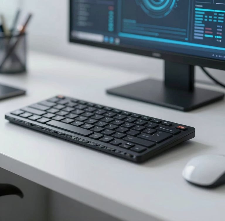 Macro shot of a high-end workspace with clean lines, subtle data visualizations on a screen in the background, cool diffused daylight, 35mm