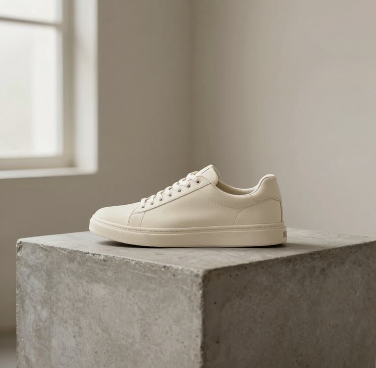 Minimalist studio shot of a clean, unbranded cream sneaker on a warm gray concrete pedestal, soft diffused natural window light, neutral tones, sharp 50mm lens.