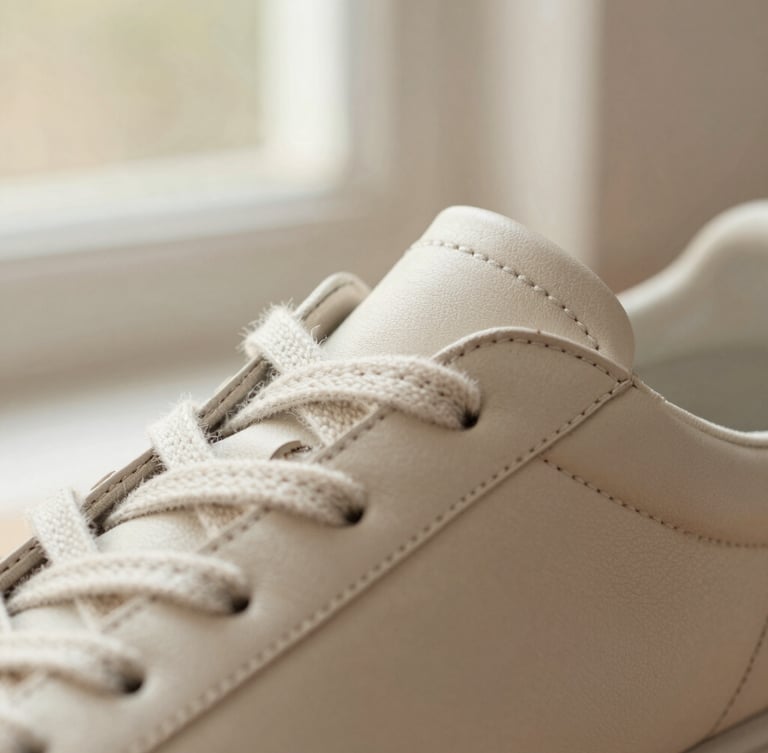 Macro close-up of clean double-stitching on a soft cream leather sneaker upper, warm natural window light, shallow depth of field