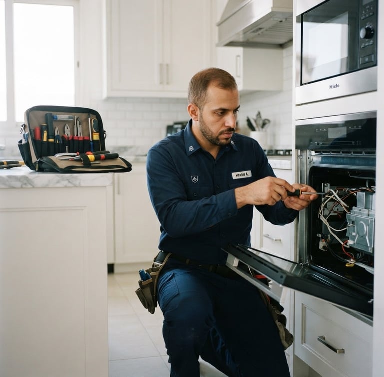 Close-up portrait of a professional, uniformed male technician with a clean, modern toolkit, in a brightly lit Riyadh home, focused and ready to work, high-end appliance in background, 35mm