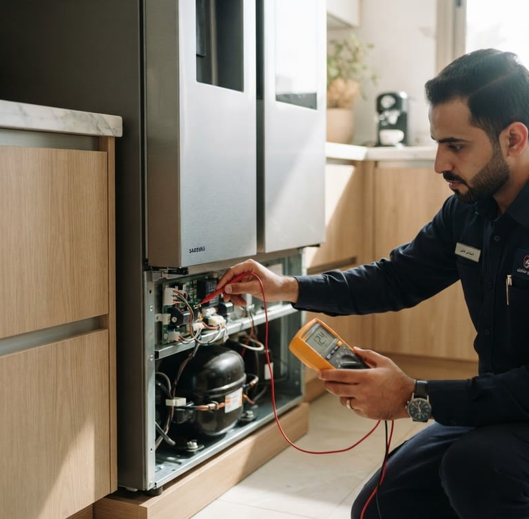 Professional uniformed technician diagnosing a modern high-end refrigerator in a clean Riyadh home, natural sunlight, medium close-up of hands on tools, sharp focus, 35mm