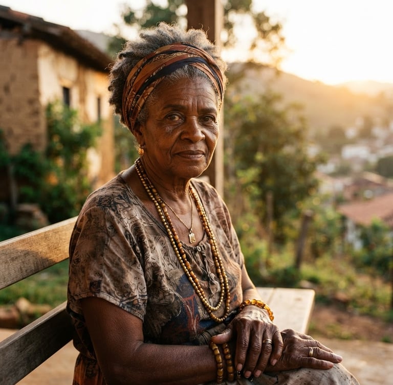 Portrait of an elder Afro-Brazilian community leader in São Gonçalo do Rio Abaixo, deep expression, natural golden hour lighting, high contrast, documentary editorial photography, 35mm lens