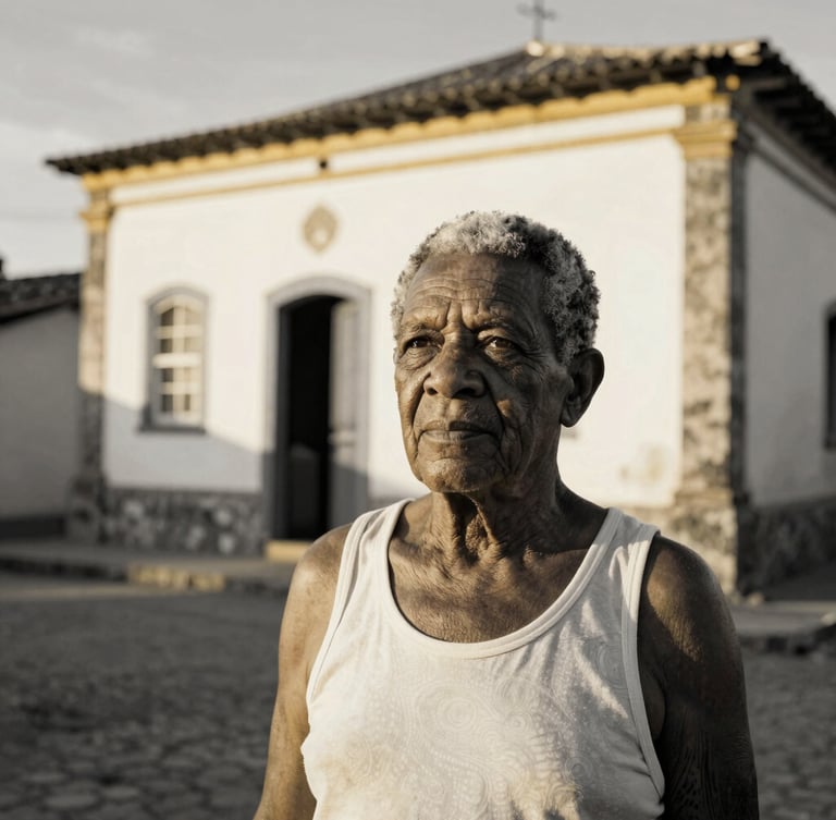 Documentary portrait of an elderly Afro-Brazilian community leader in São Gonçalo do Rio Abaixo, natural side lighting, high contrast black and white style with warm golden undertones, 35mm lens.