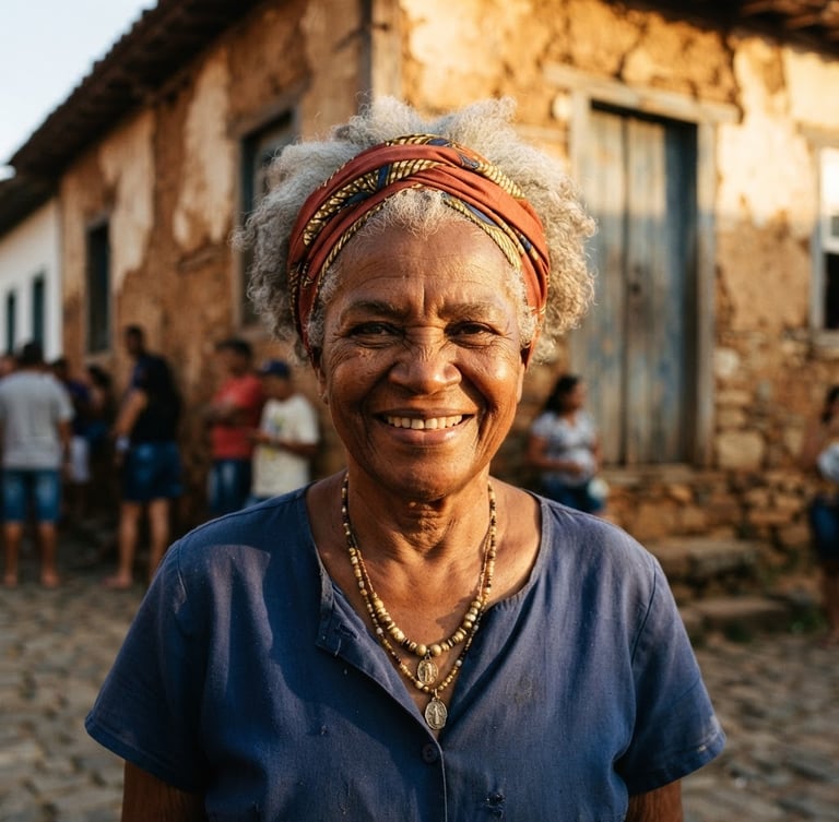 A close-up documentary portrait of an Afro-Brazilian community elder smiling warmly, set against the historic architecture of São Gonçalo do Rio Abaixo, natural golden hour lighting, rich earth tones with gold accents, high contrast, 35mm lens.