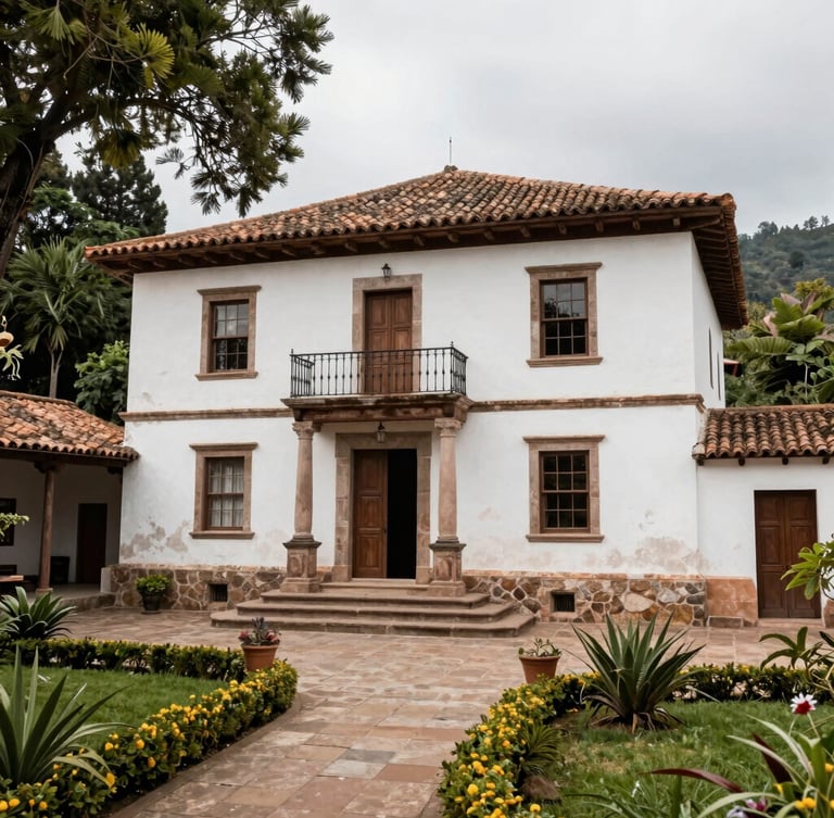 Una moderna casa de retiro de madera y vidrio, minimalista, integrada en un denso bosque nativo chileno con neblina matutina, luz natural difusa, planos generales que destacan la inmensidad de la naturaleza.