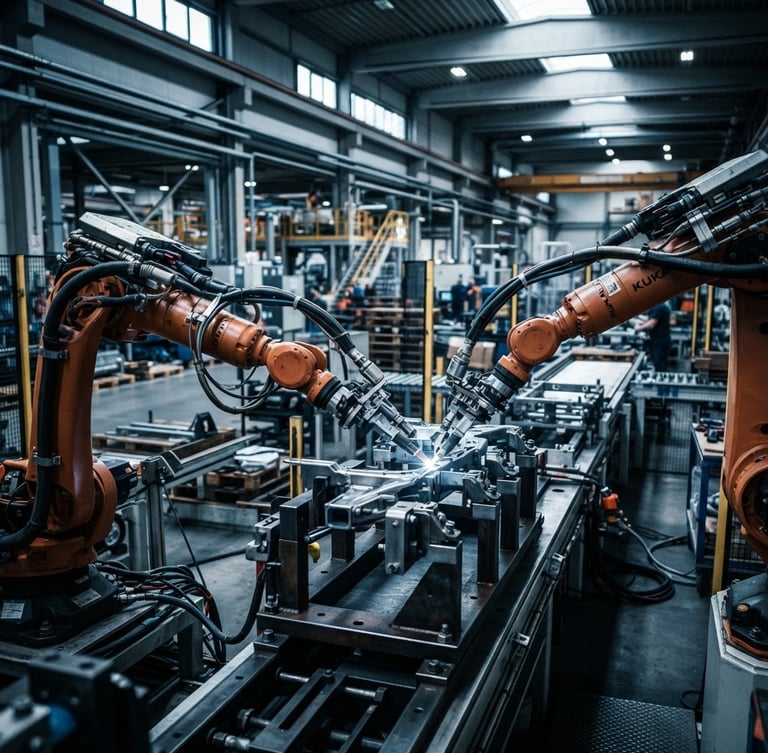 Wide-angle high-contrast industrial shot of a modern factory floor, robotic arms assembling metallic components under cool warehouse daylight, shallow depth of field.
