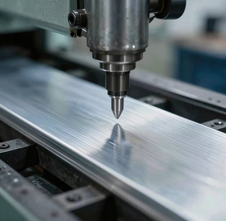 Macro close-up of heavy industrial machinery stamping raw aluminum, cool-toned warehouse daylight, sharp metallic focus.