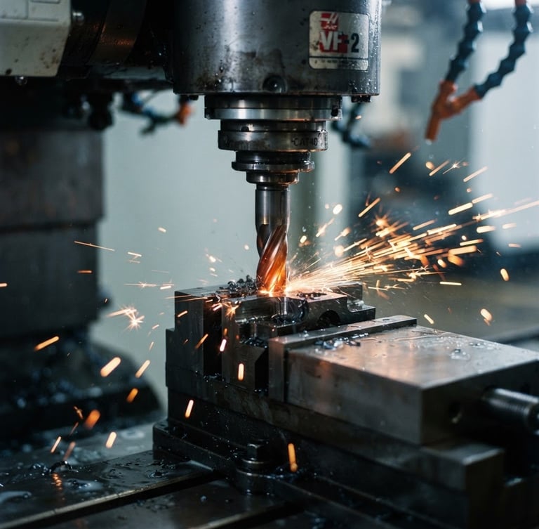Macro close-up of high-precision CNC machinery milling steel, cool warehouse daylight, metallic safety-orange sparks, crisp depth of field, 35mm