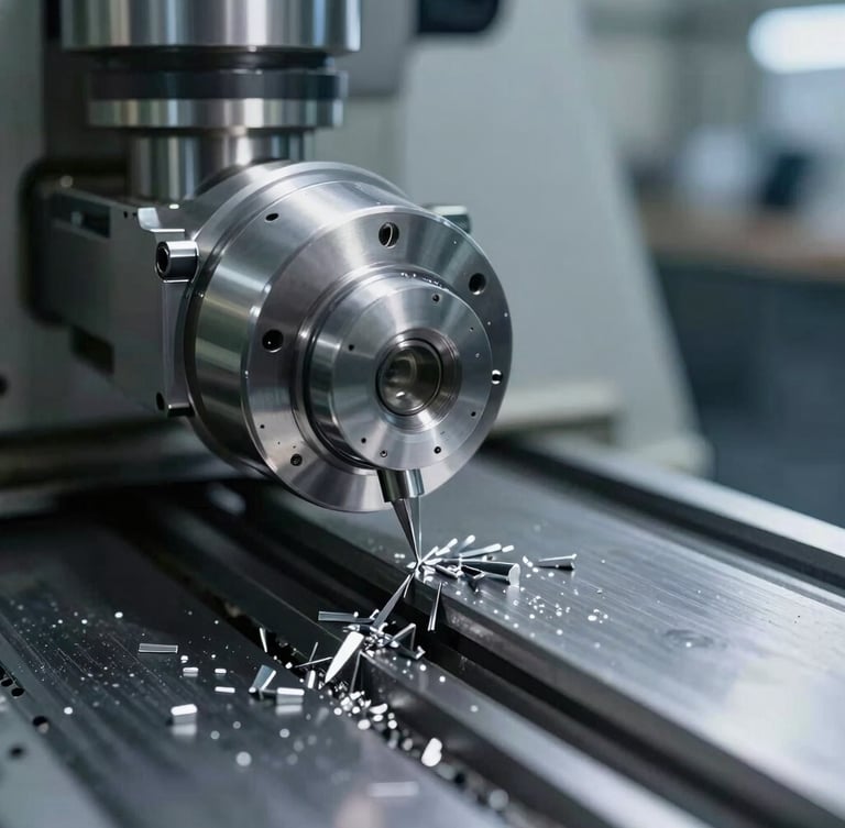 Macro close-up of a precision CNC lathe cutting raw aluminum, sharp metallic shavings, high-contrast industrial lighting, cool warehouse daylight, crisp depth of field