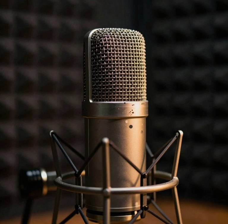 Close-up of a professional podcast microphone in a dark studio, warm gold light accentuating the metal grill, soundproofing foam in the soft-focus background.