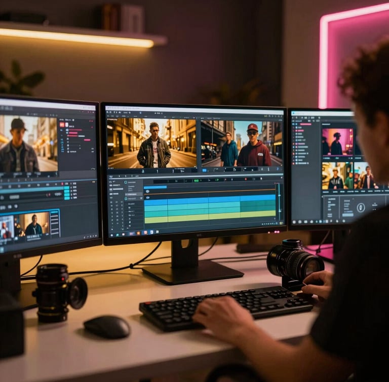 Behind-the-scenes video editing desk with glowing monitors showing video timeline, warm gold and subtle pink neon ambient lighting, professional studio setup, 35mm lens