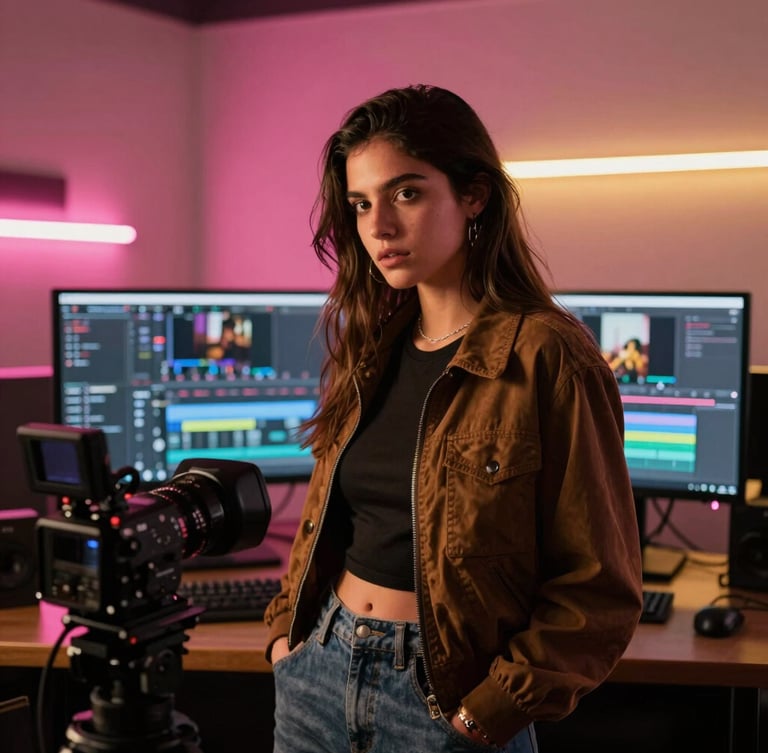 Aylin Favela in a modern video editing studio in Tijuana, neon pink and warm gold ambient lighting, professional monitors displaying timeline, camera in foreground, cinematic depth of field.