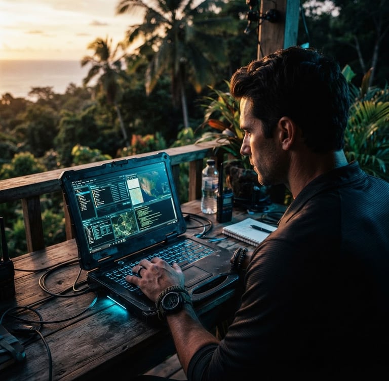 Over-the-shoulder shot of Ellis Reno III working on a rugged laptop in a tropical setting, golden hour light, high-contrast shadows, neon blue accents, 35mm lens