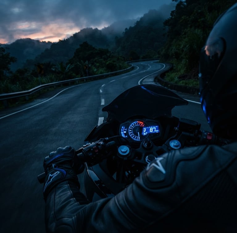POV motorcycle cockpit shot at dawn on a winding mountain road in the Philippines, dashboard glowing with blue light, high contrast, cinematic dark-mode photography, neon blue accent lighting, high-contrast shadows, sharp details, 35mm lens.