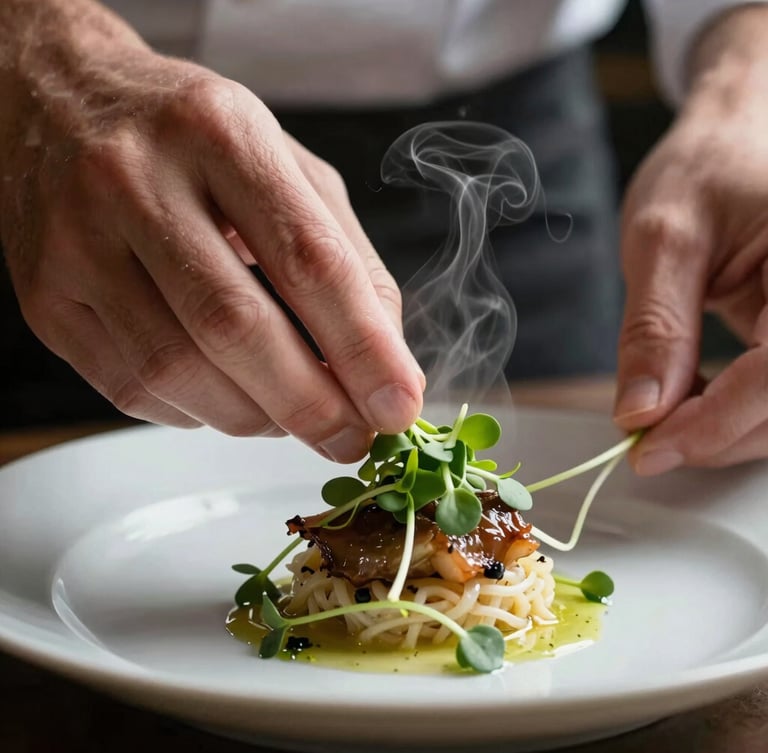 Extreme close-up macro shot of a chef's hands carefully placing a microgreen garnish on a beautifully plated dish, steam rising softly, natural directional light.