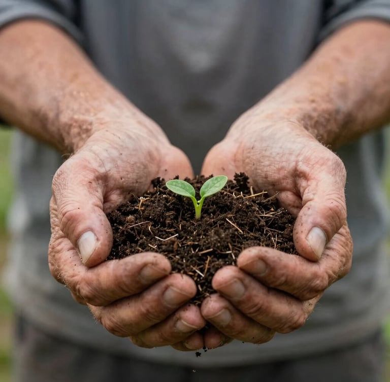Close-up portrait of a farmer's weathered hands gently holding dark, rich soil with tiny green organic shoots, soft overcast Scandinavian daylight, shallow depth of field.