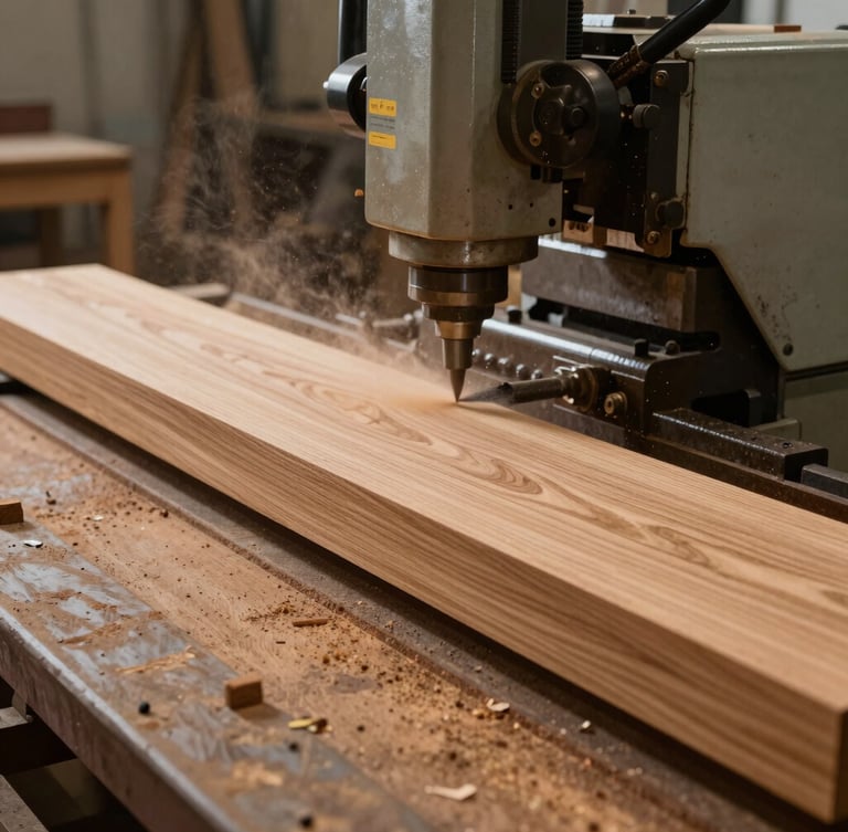 Dramatic side-lit industrial workshop, heavy CNC machinery cutting solid oak timber, rich wood dust in air, warm 35mm editorial photography.