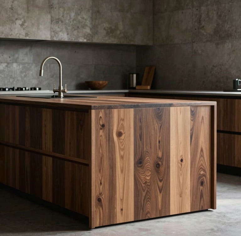 Dramatic side-lighting on a modern minimalist kitchen island, rich walnut wood grain, raw concrete architectural background, 35mm editorial photography.