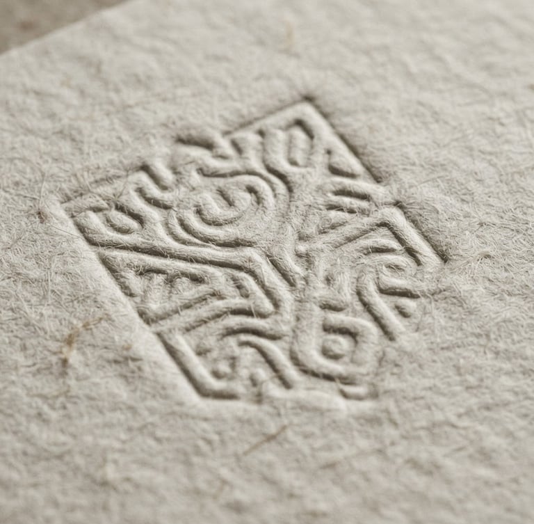 Macro detail shot of physical brand collateral, heavy textured cardstock with debossed typography, sharp natural daylight, soft shadows, desaturated tones, 50mm lens